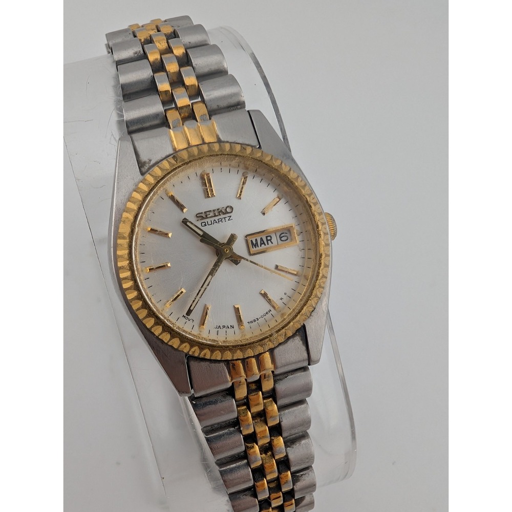 Seiko Watch Women 24mm Silver Dial Two Tone 6.25" Band 7N83-0041 New Battery